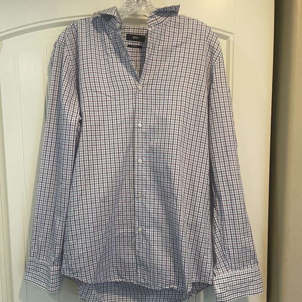 BOSS Hugo Boss Slim Fit Dress Shirt Checkered Purple Blue – Size 15.5 / 39